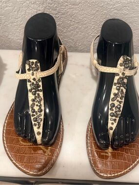 Sam Edelman Leather Embellished Ivory T-Strap Women’s Sandals